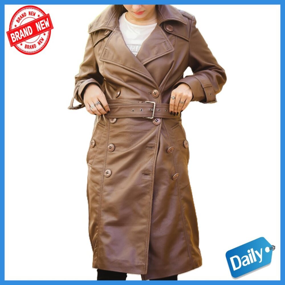 Women's Real Leather Trench Coat with Belt, Double Breasted Lapel Design